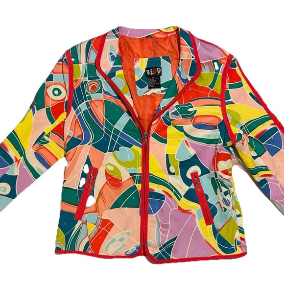 Redd Jeans Sequin Zip Up Blazer Funky Abstract Statement Jacket Womens 10 - Picture 1 of 9
